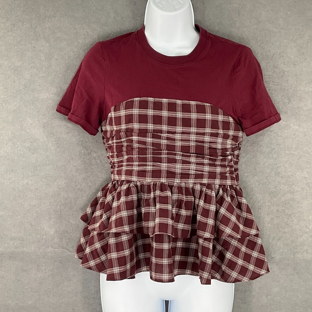 Cinq a Sept Plaid Peplum Top Burgundy Womens‎ Sz S Romantic Feminine Boho